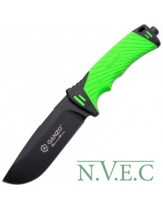 Нож Ganzo G8012 (длина: 24см, лезвие: 11.5см) + чехол (стропорез + точилка + огниво), зеленый