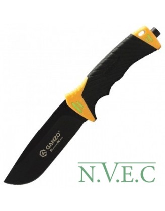 Нож Ganzo G8012 (длина: 24см, лезвие: 11.5см) + чехол (стропорез + точилка + огниво), оранжевый