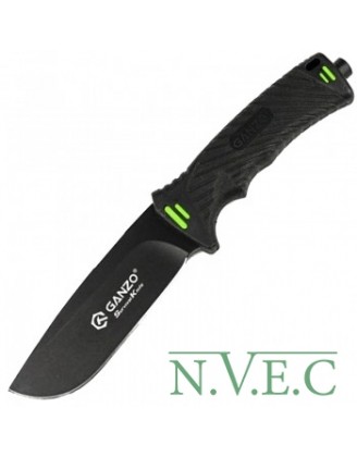 Нож Ganzo G8012 (длина: 24см, лезвие: 11.5см) + чехол (стропорез + точилка + огниво), черный